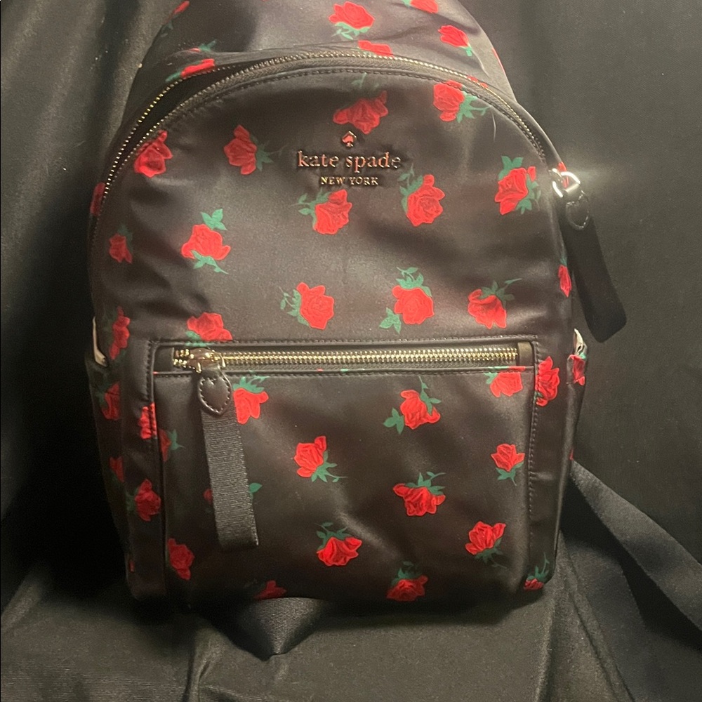 Kate Spade Chelsea Black and Red Rose Floral Backpack NWT